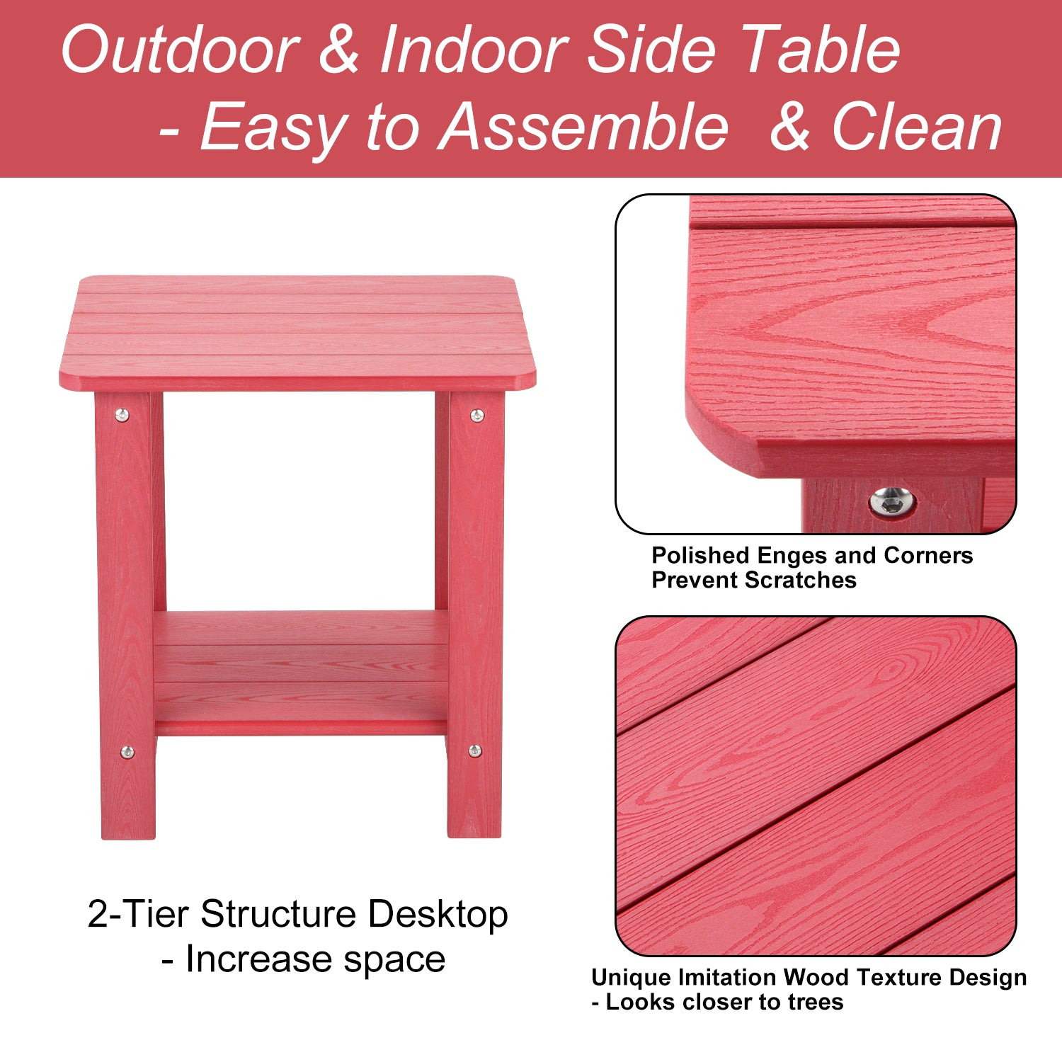 Plastic Wood Outdoor End Table, Weather-Resistant, Eco-Friendly Hips Material - Red